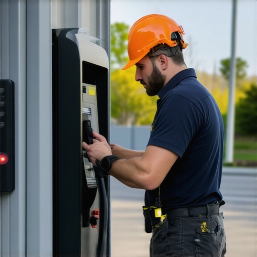 Advanced Thermal Inspection for EV Charger Safety Electrician conducting thermal imaging inspection on outdoor EV charger