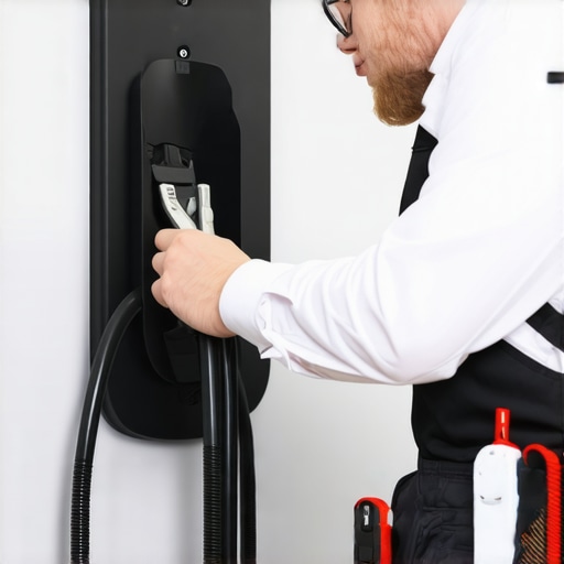 Electrician inspecting EV charger installation for safety and code compliance.
