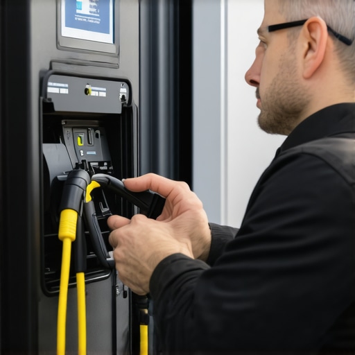 Expert Electrical Inspection of EV Charger Wiring Electrician using diagnostic tools to inspect EV charger wiring in a professional setting