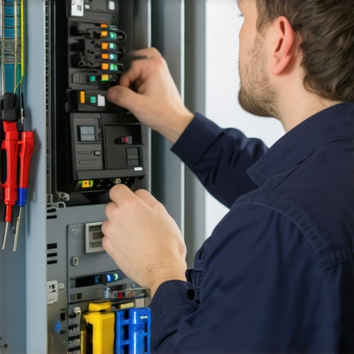 Expert Electrical Inspection of a Modern Panel Electrician inspecting a new electrical panel for safety and compliance.
