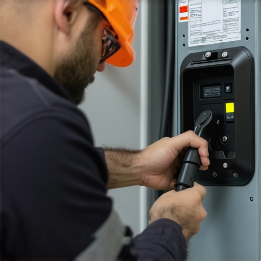 Expert electrician inspecting electrical panel for EV charger upgrade Electrician inspecting electrical panel for compatibility with EV charger