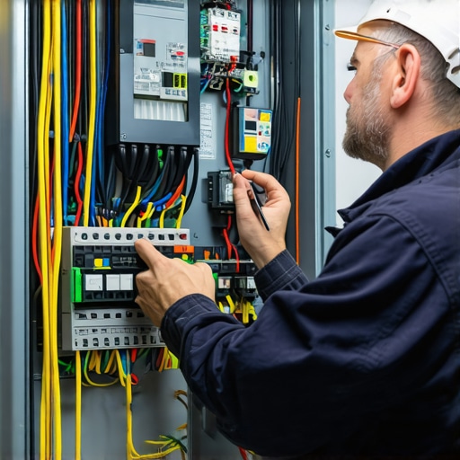 Expert inspecting upgraded electrical panel for EV charging Electrician examining upgraded electrical panel with advanced features in home
