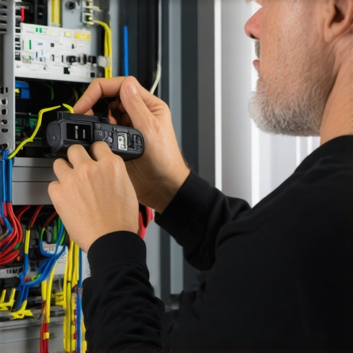 Homeowner and electrician inspecting electrical panel during upgrade Homeowner and electrician inspecting electrical panel during an upgrade process