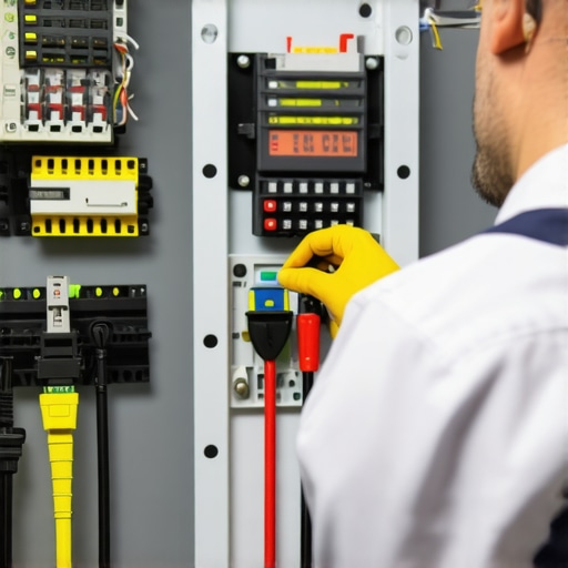 Electrician checking a home electrical panel with safety gear.