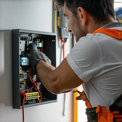 Electrician installing a new electrical panel in a home attic, illustrating safety and upgrade process.