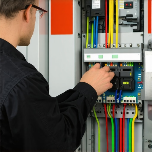 Electrician examining an electrical panel during a safety compliance check.