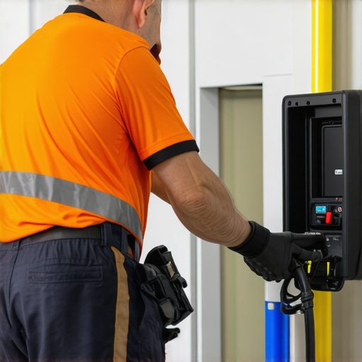 Professional electrician installing high-capacity EV charger with advanced wiring
