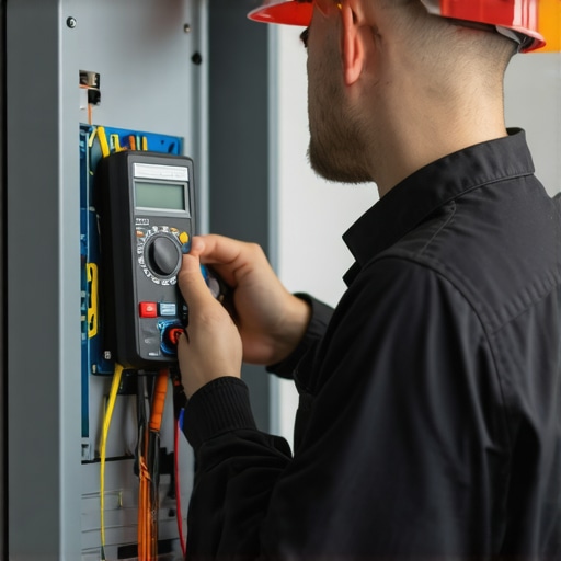 Expert electrician assessing electrical panel for EV charger readiness. Electrician testing home electrical panel with a multimeter for EV charger compatibility.