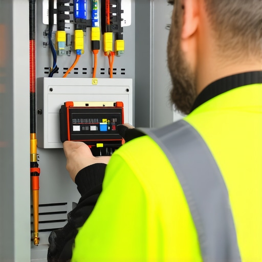 Electrician checking electrical panel for safety and code compliance
