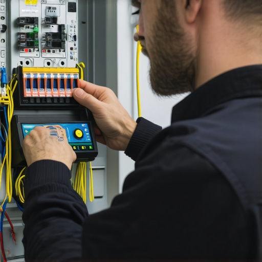 Electrician inspecting electrical panel with testing tools