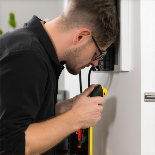 Professional EV Charger Wiring Inspection Electrician inspecting EV charger wiring with tools in home electrical panel.