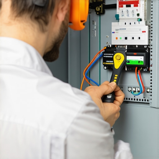 Electrician inspecting an electrical panel with modern tools for safety and compliance.