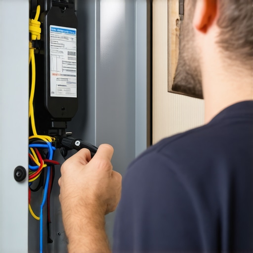 Electrician inspecting an electrical panel with EV charger wiring