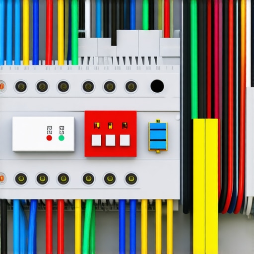 A high-tech, modern electrical panel with integrated monitoring and surge protection, installed in a home interior, showing detailed wiring and professional setup.