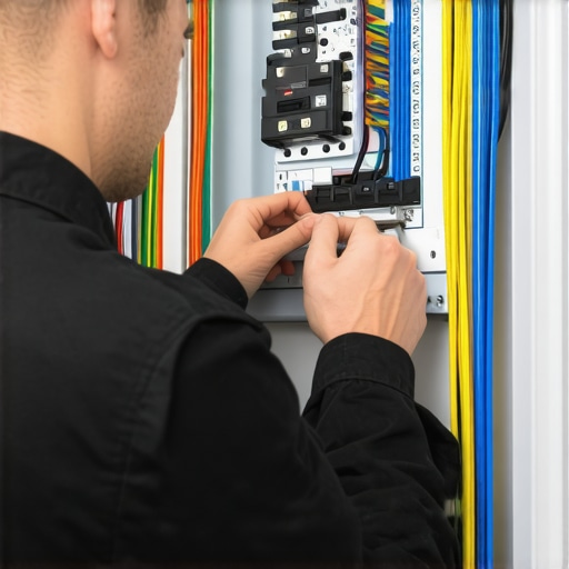 Electrician inspecting wiring inside a home electrical panel, emphasizing safety and proper setup.