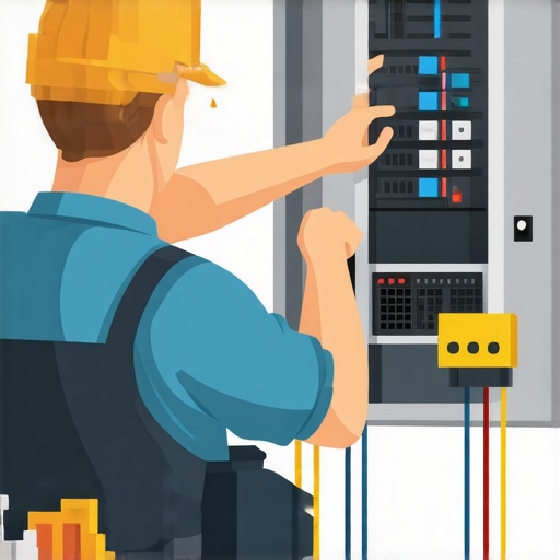 Electrician installing a new electrical panel with safety gear.