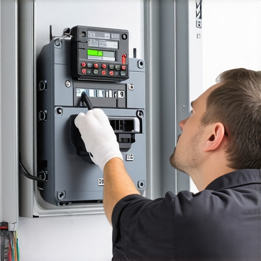 Electrician inspecting a modern electrical panel with high-capacity breakers for EV charger support