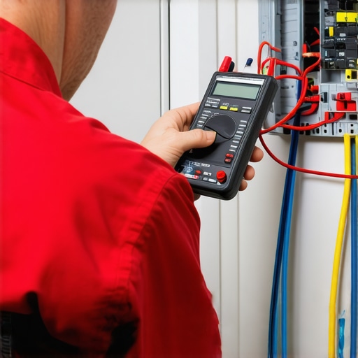 Electrician testing wiring with multimeter in a home electrical panel.