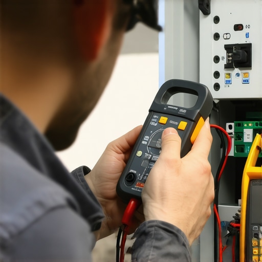 Professional electrician inspecting electrical panel with clamp meter to ensure safe EV charging setup