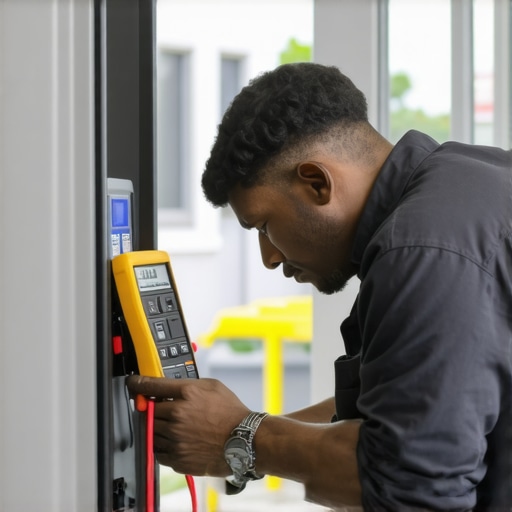 Electrician testing EV charger outlet and wiring in garage