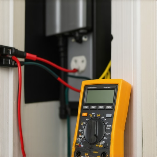 Multimeter testing voltage at a home electrical outlet in a garage