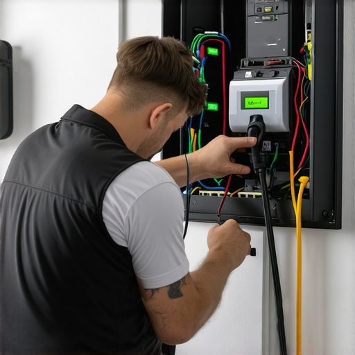 Electrician inspecting wiring behind an EV charger in a home setting
