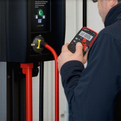 Electrician inspecting EV charger with multimeter and clamp meter in home garage.