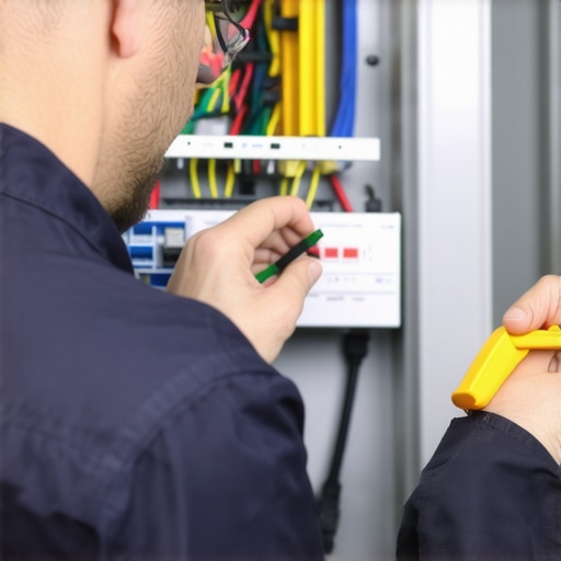 Electrician examining wiring in an electrical panel, highlighting compliance and troubleshooting