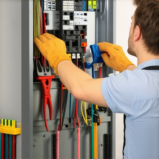 Electrician checking an electrical panel during a home EV charger upgrade.