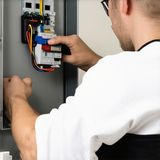 Electrician installing a new circuit breaker in a residential electrical panel with proper safety equipment.