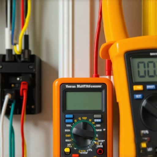 Essential tools for EV charger maintenance Close-up view of multimeter, thermal camera, and load tester measuring home electrical system