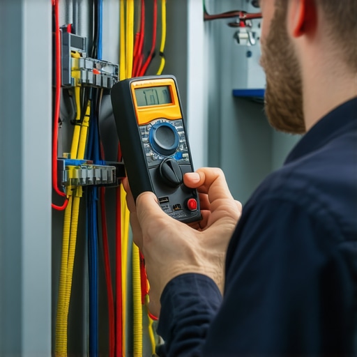 Electrician checking wiring and measuring voltage in an electrical panel during EV charger setup.