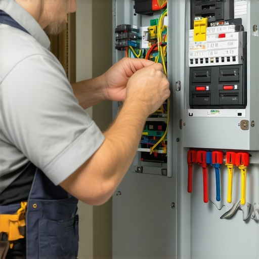 Electrician inspecting an electrical panel for safety and capacity