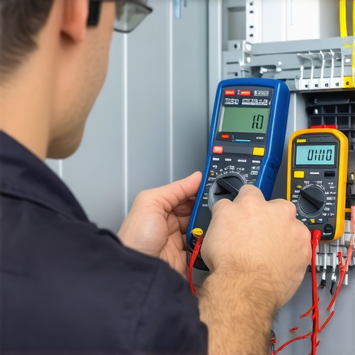 Professional EV System Maintenance Electrician testing electrical panel with multimeter to ensure EV charger safety and reliability.