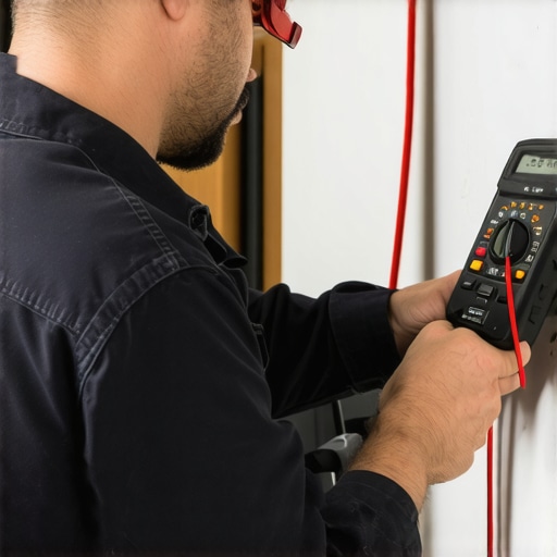 Electrician testing circuit load and voltage with multimeter and load tester in a modern home garage.