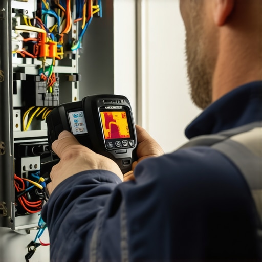 Electrician using thermal camera to monitor electrical panel temperature for safety and maintenance.