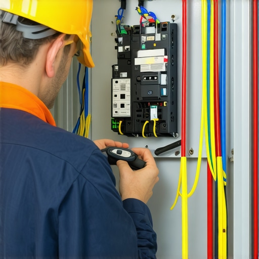 Electrician examining a home electrical panel during an upgrade or troubleshooting process.