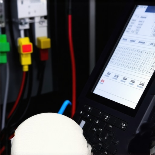 Technician analyzing an electrical panel with tools and digital load calculator
