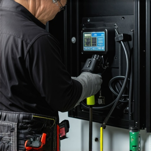 Electrician inspecting EV charger wiring Electrician checking the wiring of an electric vehicle charger in a garage.