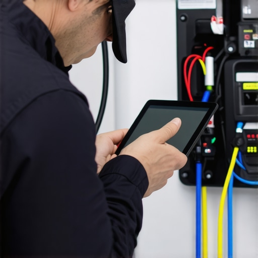 Electrician inspecting EV charger wiring with a tablet in a well-lit garage