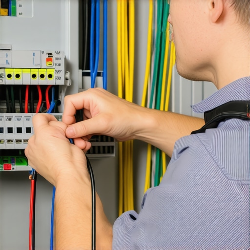 Technician checking panel wiring with tools during electrical upgrade.