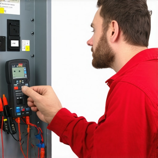 Technician measuring electrical load with clamp meter on EV charger panel.