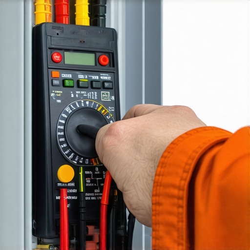 Hand of electrician testing electrical panel with multimeter during maintenance