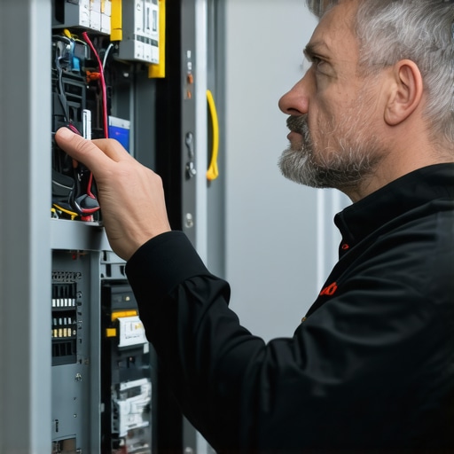 Electrician working on an upgraded electrical panel with modern components and safety devices.