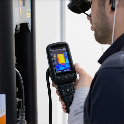Thermal Inspection of EV Charger Wiring Technician performing thermal imaging to detect hotspots in EV charging system wiring.