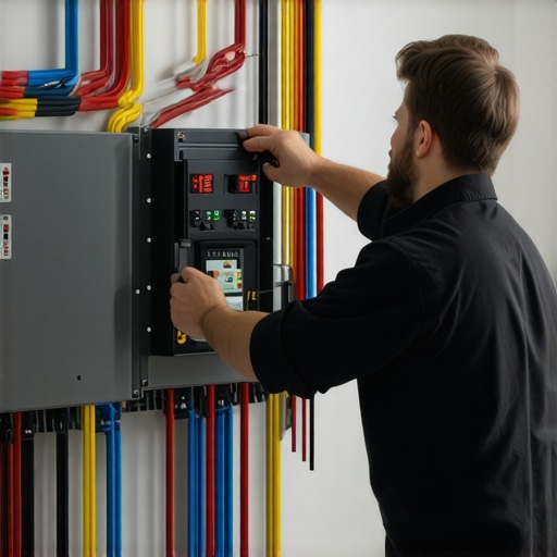 Electrician installing a new, upgraded electrical panel with modern circuit breakers in a residential garage.