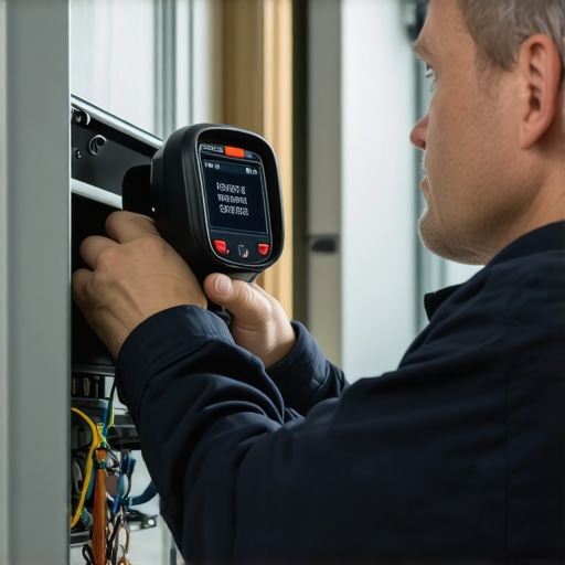Electrician inspecting a residential electrical panel with a thermal camera to identify hot spots and potential issues.