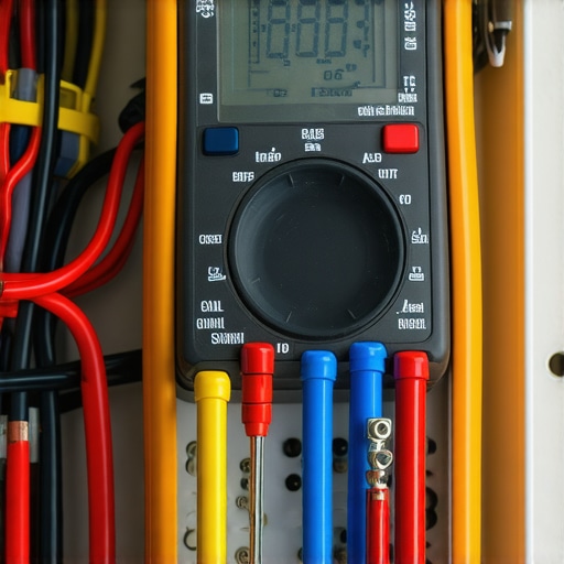 Using a Multimeter to Maintain Your V2H System Hand holding a digital multimeter testing home electrical wiring for V2H system maintenance.