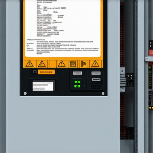 Close-up of a technician inspecting safety labels on an electrical panel during panel upgrade