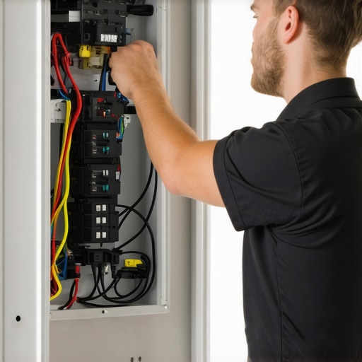 A licensed electrician upgrading a home's electrical panel with proper safety equipment.